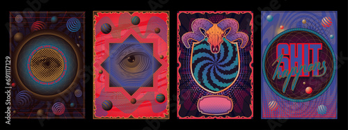 Psychedelic Style Abstract Posters Template Set, Ram Skull, Engraving Eye, Geometric Shapes, Psychedelic Colors 