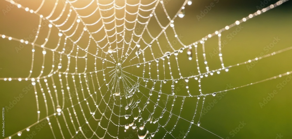 a close up of a spider web with drops of water on the spider's web, with green grass in the background. a close up of a spider web with drops of water on the spider's web, with green grass in the background.