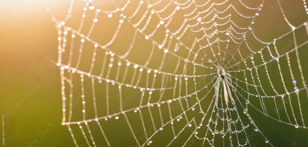 a close up of a spider web with drops of dew on the spider's web, with a green background. a close up of a spider web with drops of dew on the spider's web, with a green background.
