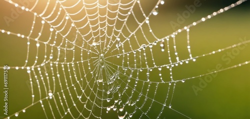  a close up of a spider web with drops of water on the spider's web, with green grass in the background.