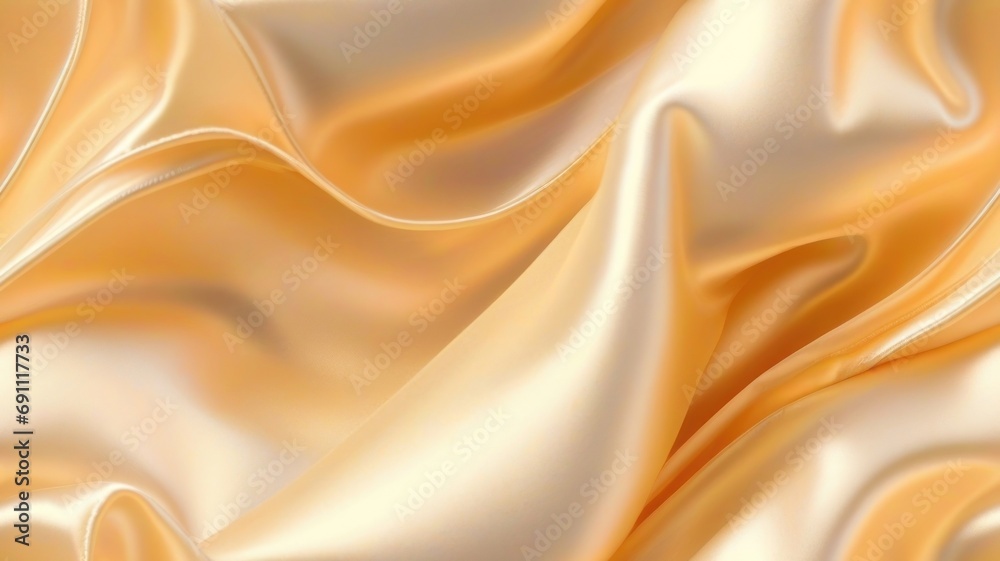 Fototapeta premium Light pale gold peach yellow white silk satin. Gold background. Silky shiny smooth soft fabric. Folds drapery. Luxury elegant beauty rich. Shine glitter. Wavy liquid fluid. Romantic. generative AI