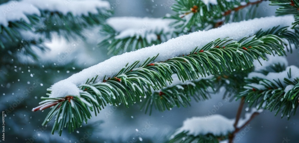  a close up of a pine tree with snow on it's branches and a blurry background of snow flakes on the branches.