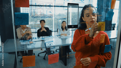 Smart hispanic businesswoman present marketing strategy to diverse manager team. Beautiful successful leader thinking while looking at sticky notes on glass board. Grow to success. Manipulator.