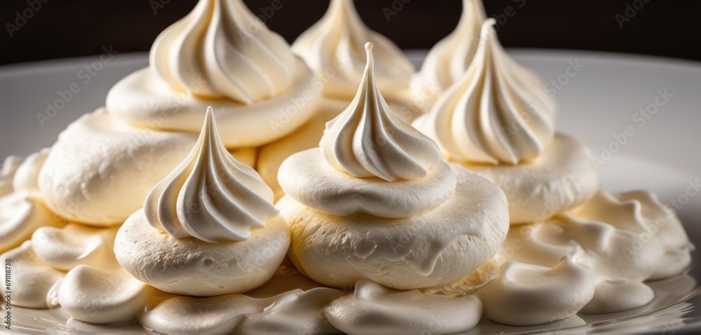  a close up of a plate of food with meringue and whipped cream toppings on top of it.