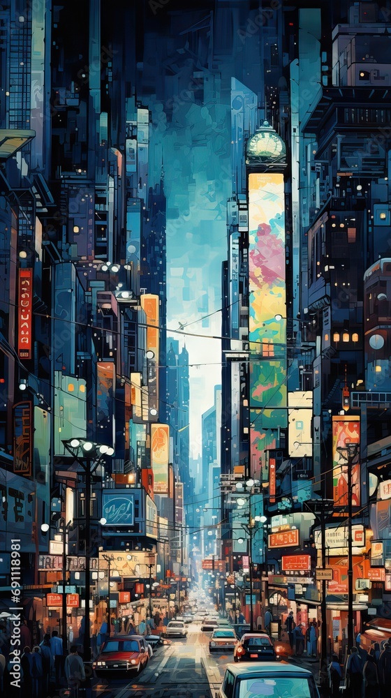 An artistic and colorful depiction of New York's bustling streets, showcasing vibrant life and energy of the city that never sleeps, with iconic taxis and skyscrapers. Generative AI