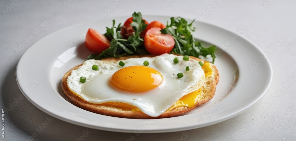 a white plate topped with a piece of bread and a fried egg on top of a piece of bread with a side of tomatoes. a white plate topped with a piece of bread and a fried egg on top of a piece of bread with a side of tomatoes.