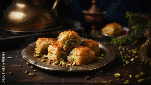 Turkish Baklava with pistachios, golden and flaky on a vintage plate