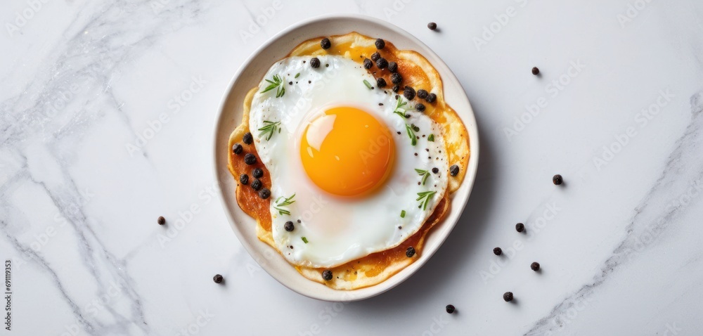 a white plate topped with an egg and a fried egg on top of a bed of black pepper flakes. a white plate topped with an egg and a fried egg on top of a bed of black pepper flakes.