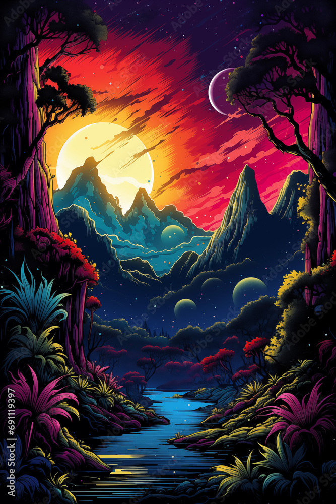 Neon Tropica  silhouette of mountains, trees and birds Sunset Poster and Wallpaper - Generative AI Illustration