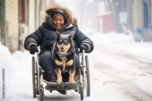 African American disabled elderly woman in wheelchair walks with his pet dog along a winter city © colnihko