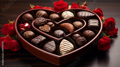 An array of Valentine's Day chocolates in a heart-shaped box, with a variety of flavors and fillings
