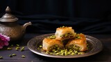 Turkish Baklava with pistachios, golden and flaky on a vintage plate