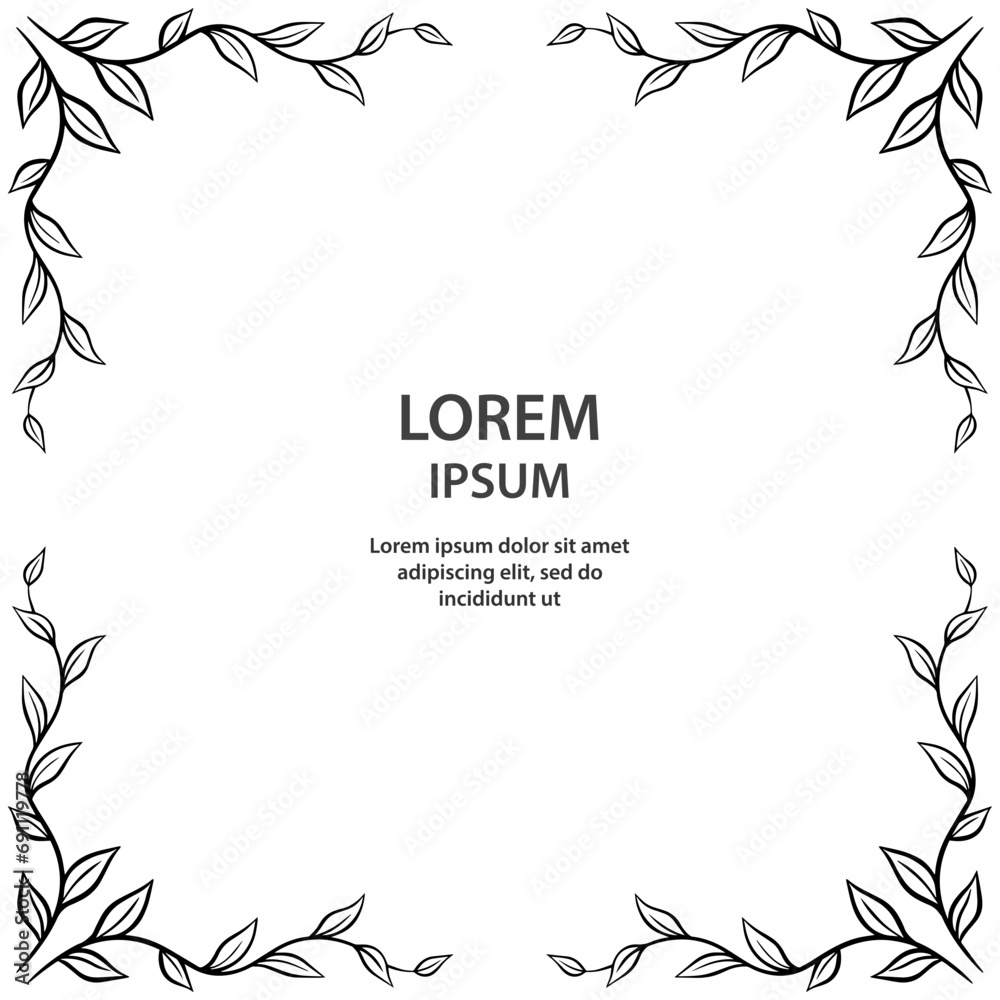 Ornamental frame of branch with foliage. Black and white pattern. Decoration and design for card, invitation, brochure. Vector art illustration on white background Ornamental frame of branch with foliage. Black and white pattern. Decoration and design for card, invitation, brochure. Vector art illustration on white background