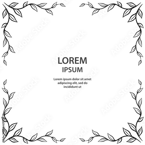 Ornamental frame of branch with foliage. Black and white pattern. Decoration and design for card, invitation, brochure. Vector art illustration on white background