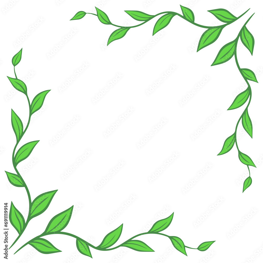 Ornamental frame of branch with green foliage. Decoration and design for card, invitation, brochure. Vector art illustration on white background