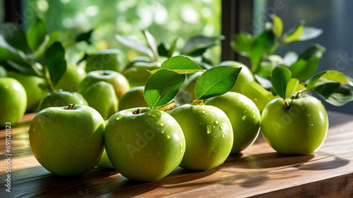 Fresh apples with green leaves on a rustic wooden table overhead created with Generative Ai