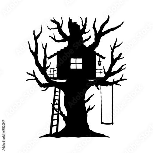 Tree house icon. A house on a tree. Black silhouette. Front side view. Vector simple flat graphic illustration. Isolated object on a white background. Isolate.