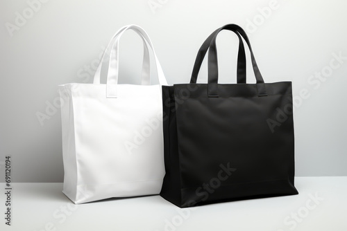 A classic black and a pristine white tote bag standing side by side against a soft gray background