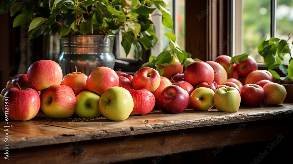 Fresh apples with green leaves on a rustic wooden table overhead created with Generative Ai Fresh apples with green leaves on a rustic wooden table overhead created with Generative Ai