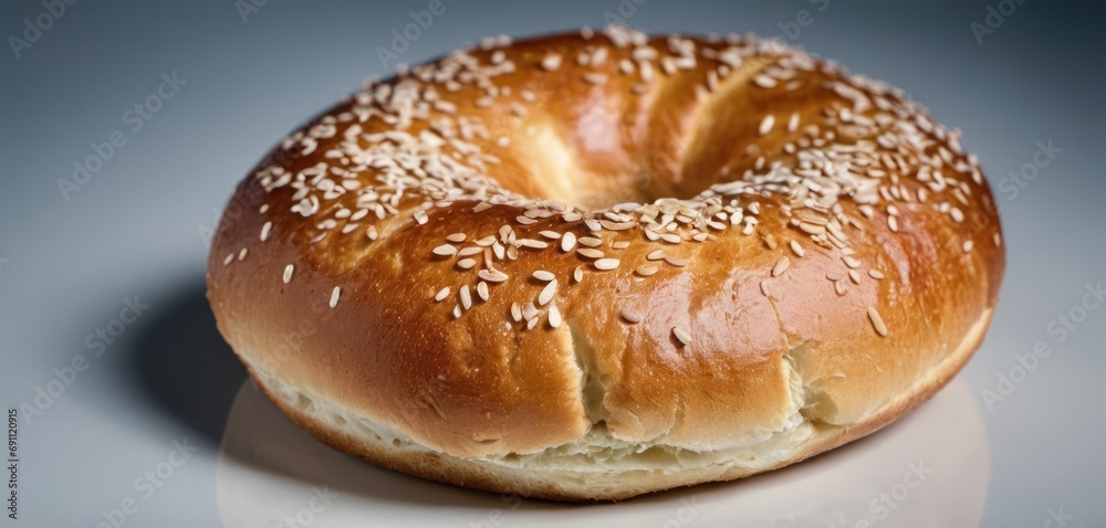 a close up of a bagel on a plate with sesame seeds and sesame seeds on the top of the bagel. a close up of a bagel on a plate with sesame seeds and sesame seeds on the top of the bagel.