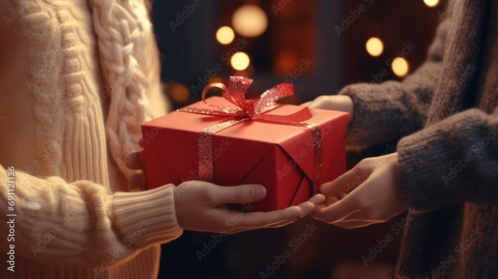 A close-up of a couple exchanging Valentine's Day gifts, with focus on the hands unwrapping a beautifully presented box