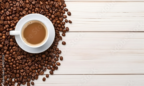 pile of coffee beans with a cup of glass seen from above wooden background copy space