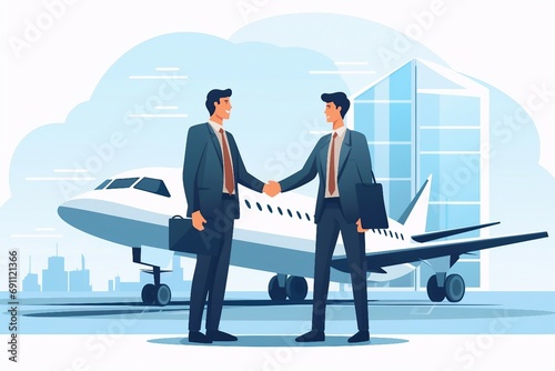 Businessmen shaking hands in front of an airplane illustration AI Generated