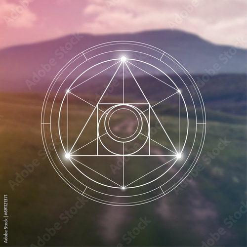 Philosopher Stone Sacred Geometry zentangle inspired design template with oriental tribal ornaments. Ornamental new age art.Meditation symbol in front of blurry nature background.