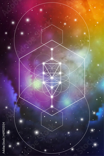 Flower of life sacred geometry spiritual new age futuristic illustration with transmutation interlocking circles, triangles and glowing particles in front of cosmic background
