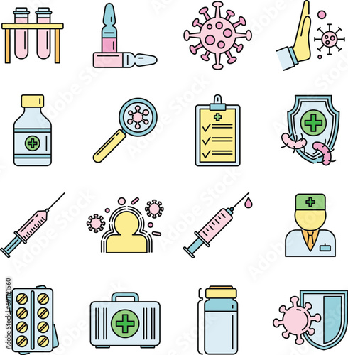 Medical immunization icons set. Outline set of medical immunization vector icons thin line color flat on white
