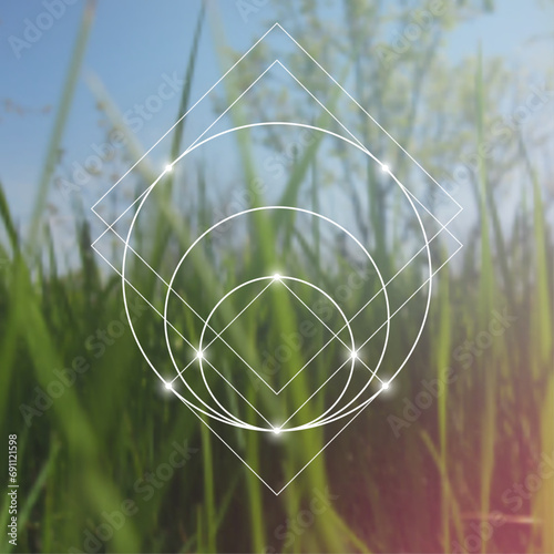 Sacred geometry spiritual new age futuristic illustration with transmutation interlocking circles, triangles and glowing particles