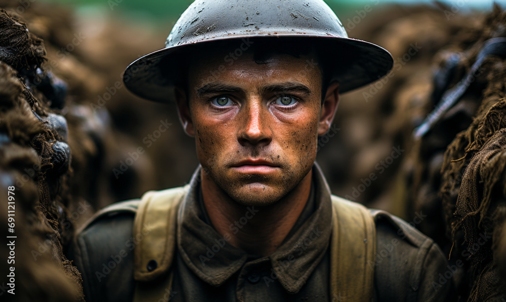 Solemn soldier in World War uniform standing in the trenches, intense gaze reflecting the gravity of military service and the historical impact of global conflict