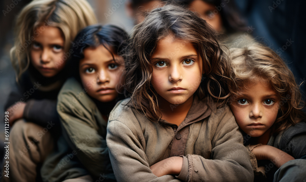 Obraz premium Migrant children with solemn expressions huddle together, seeking solace amidst the uncertainty of their transient lives