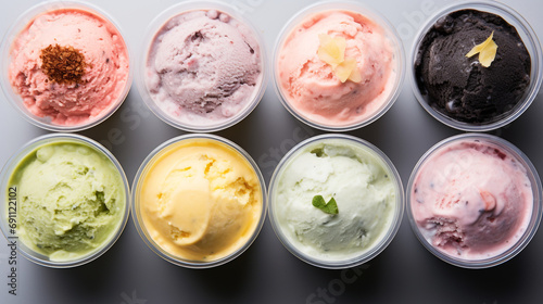 Variety of ice cream flavors in cups overhead on white copy space created with Generative Ai