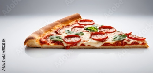  a slice of pizza with pepperoni, cheese, and basil on a white surface with a piece of bread sticking out of it.
