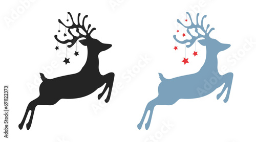 Jumping christmas deer with stars set isolated, jumping reindeer silhouette - stock vector