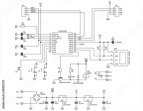 Technical schematic diagram of electronic device. Vector drawing electrical circuit with power supply unit, button, controller, lcd display, led, integrated circuit, capacitor, resistor, relay.