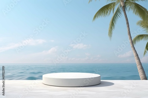 Tropical marble pedestal product display, rocky palm tree sunny sky background, ocean poolside beach showcase, copy space