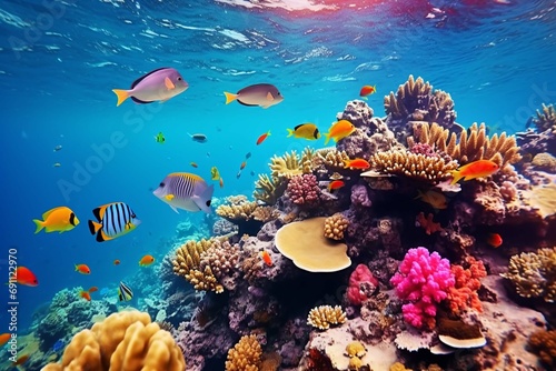 Tropical sea underwater fishes on coral reef. Aquarium oceanarium wildlife colorful marine panorama landscape