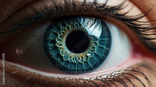  a close up of a person's eye with a blue iris and a circular pattern on the iris of the eye and the iris of the eye is visible part of the eye.
