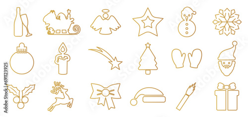 Golden New Year's Eve set icons, Christmas holidays gold icon collection, champagne bottle and glasses, Santa Claus, christmas tree, angel, snowman, fireworks, candle, snowflake, deer, gift, ball