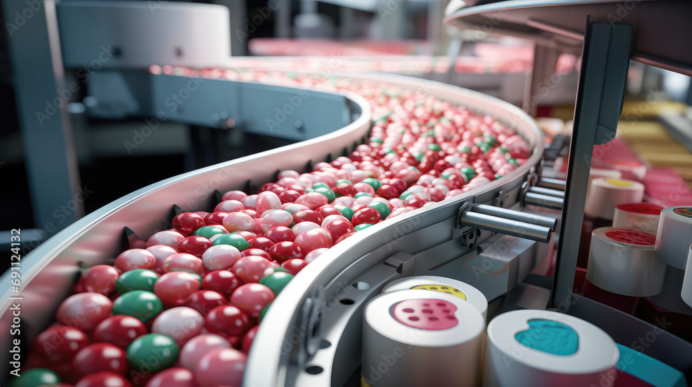 Automated preparation of pink blue sweets, candy factory conveyor belt ...
