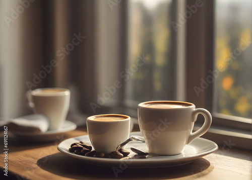 Espresso coffee cup on table near window with morning light. Food and drink photography