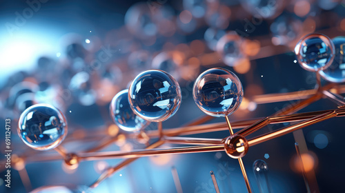 Macro wallpaper with golden Ionized H2O water molecules, electrolysed, microscopic composition. 3d render style, science and chemistry, moisturizing and hydration. photo