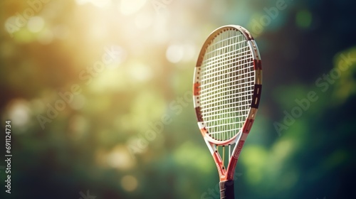  a close up of a tennis racquet on a racket with a blurry background of trees in the foreground and a sunbeam in the background.
