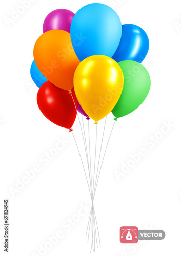 3d realistic colorful bunch holiday balloons. Rainbow colors, matte and glossy. Multicolored fun inflatable balloons flying in the air, decoration for birthday, other events. Vector illustration photo