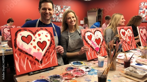 A couple's painting class with a Valentine's Day theme, featuring canvases with heart designs and love-inspired art