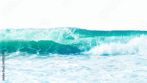 Powerful sea blue and aquamarine waves with white foam isolated on a white background. © delbars