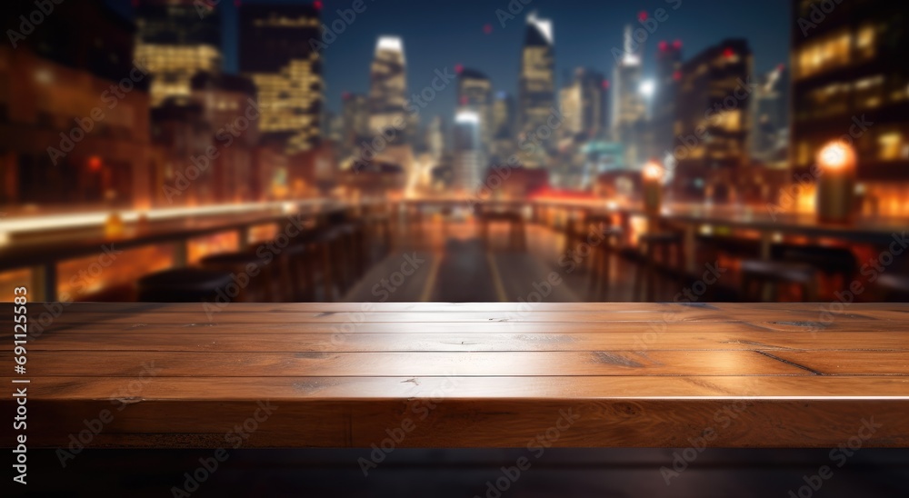 an empty wooden bar table in city at night