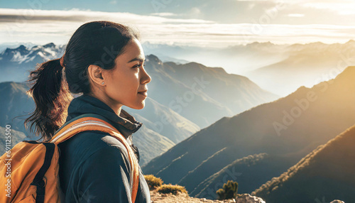 Profile portrait of a woman hiker on the peak of a mountain contemplating the mountain landscape with copy space; lifestyle concept; outdoor activities and sports; side view. photo